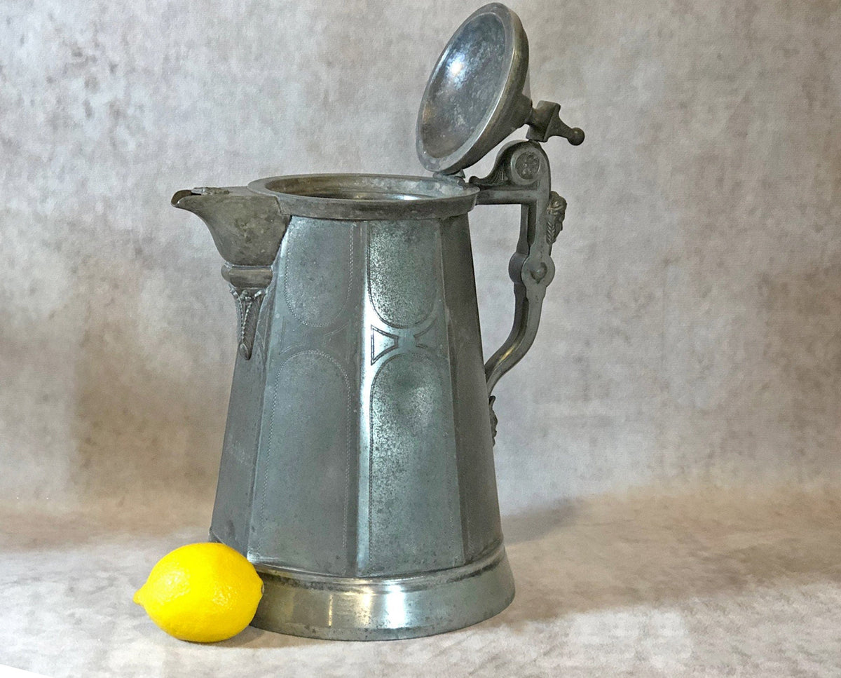 XL Vintage Glass Pitcher with Pewter Detailing. Antique Hand Blown Large 18" (product 10485249671451 image 44047585083675)