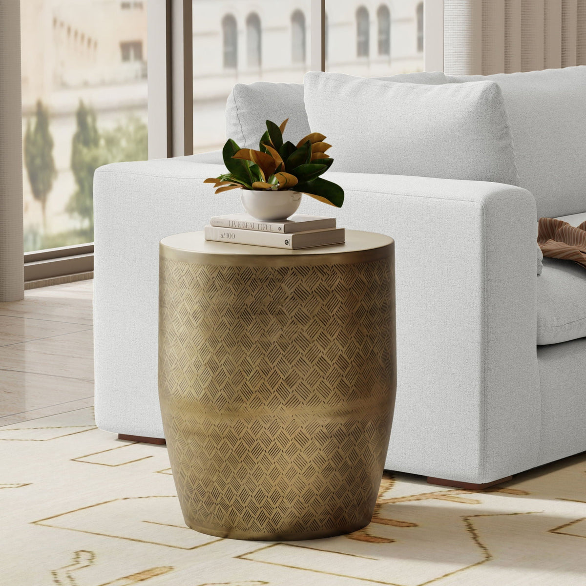 Johnsen - Cross Hatch Pattern Accent Table - Antique Gold - Accent Tables - by HouseOfZazla (image 2 of 4) | Heavy Bass &