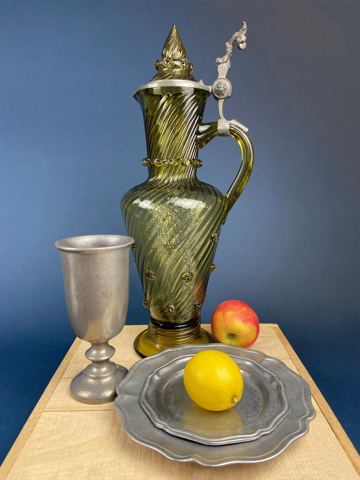 XL Vintage Glass Pitcher with Pewter Detailing. Antique Hand Blown Large 18" German Wine or Water (product 10485249671451)