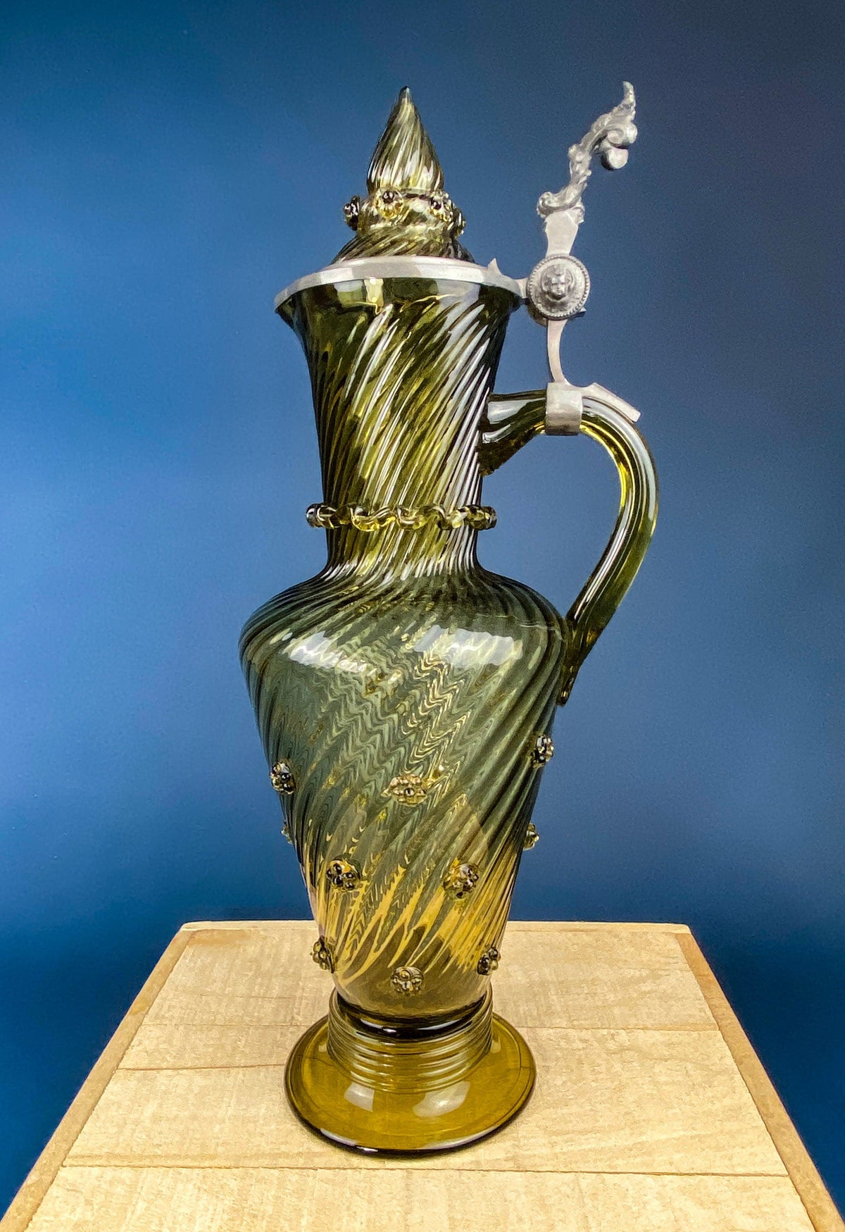 XL Vintage Glass Pitcher with Pewter Detailing. Antique Hand Blown Large 18" (product 10485249671451 image 44047584821531)