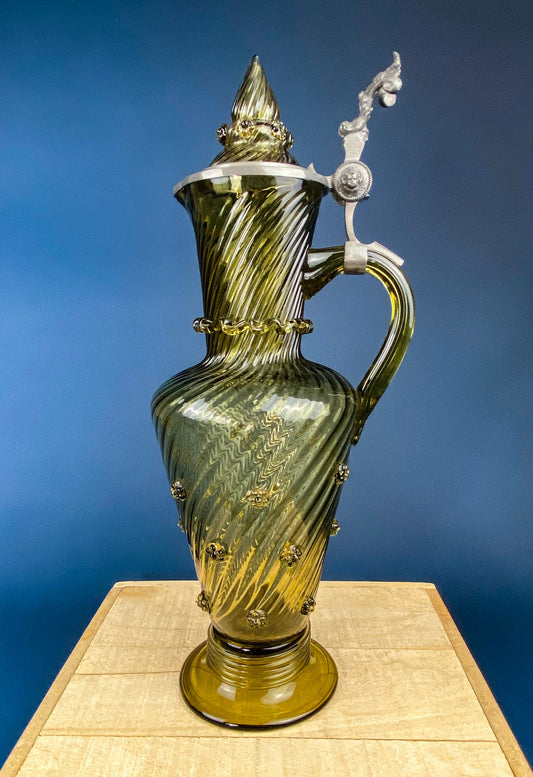 XL Vintage Glass Pitcher with Pewter Detailing. Antique Hand Blown Large 18" (product 10485249671451 image 44047584821531)