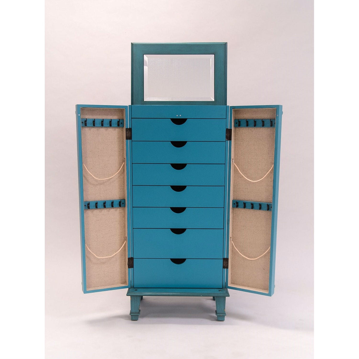 Vintage Turquoise Hand Painted Jewelry Armoire with Antique Drawer Pulls - (product 10485249704219 image 44047585181979)