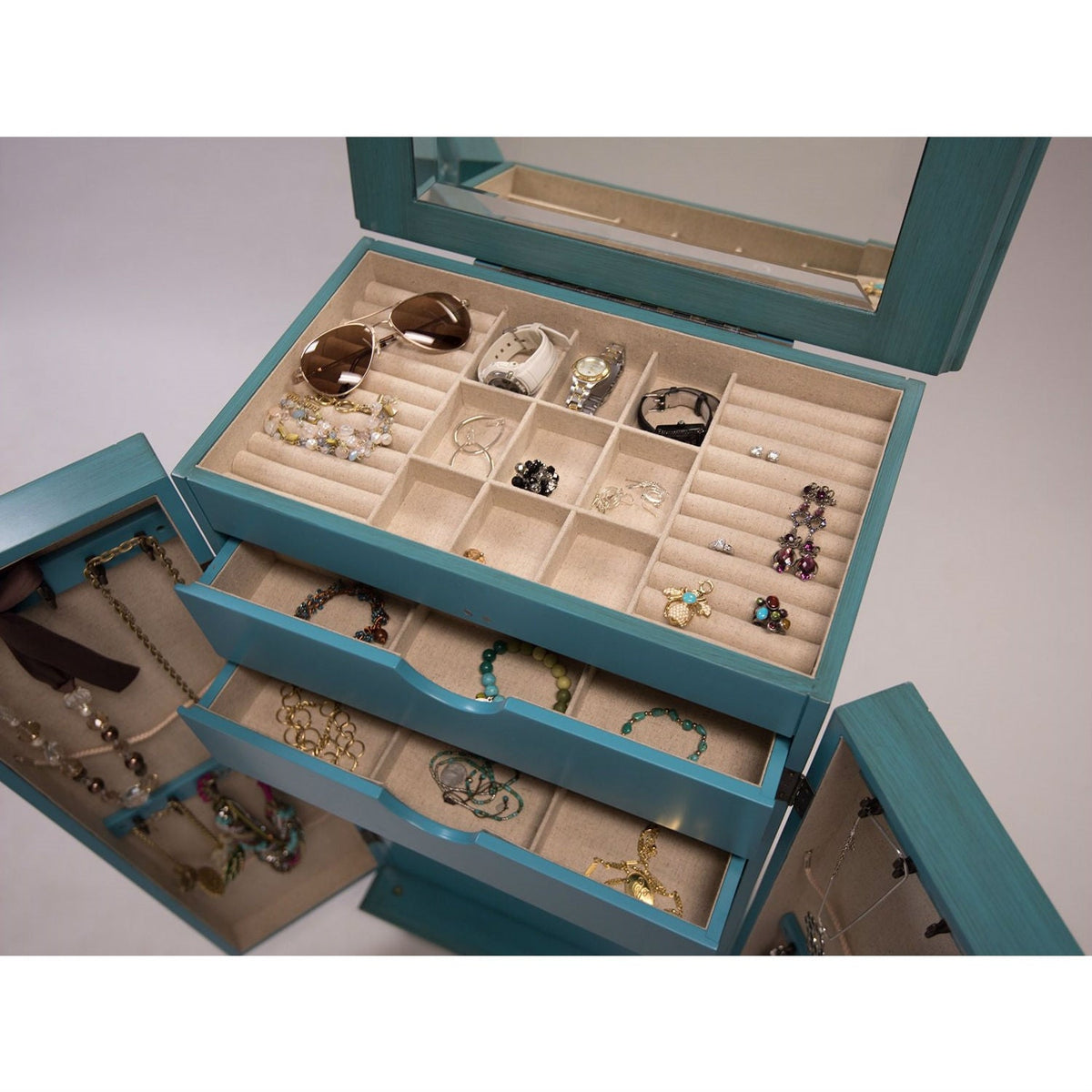 Vintage Turquoise Hand Painted Jewelry Armoire with Antique Drawer Pulls - (product 10485249704219 image 44047585214747)