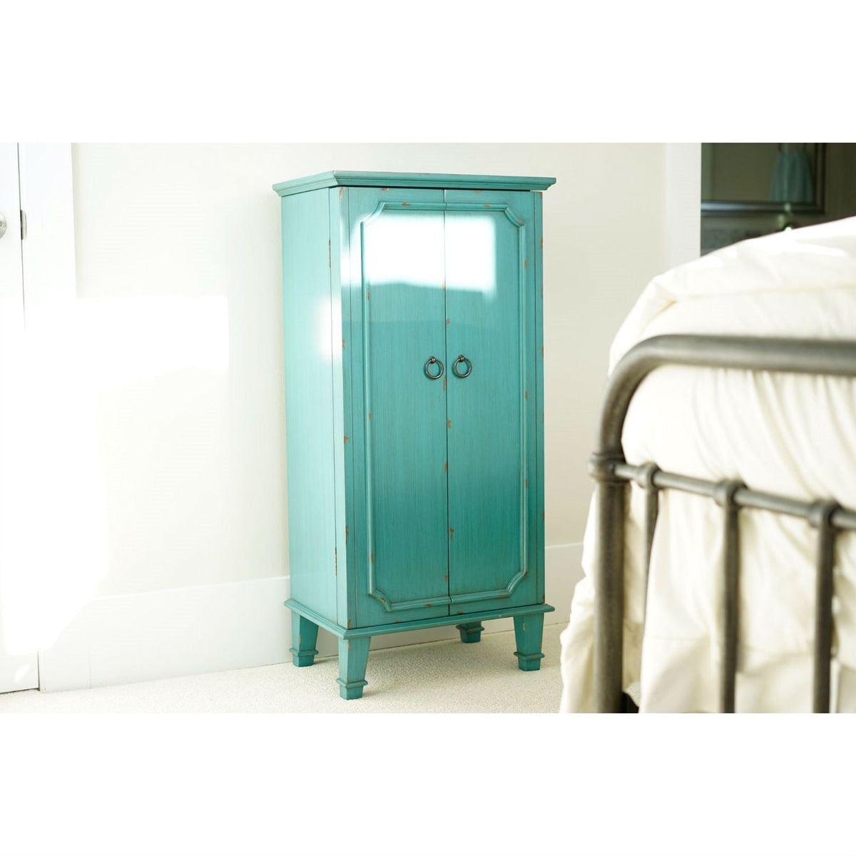 Vintage Turquoise Hand Painted Jewelry Armoire with Antique Drawer Pulls - (product 10485249704219 image 44047585247515)