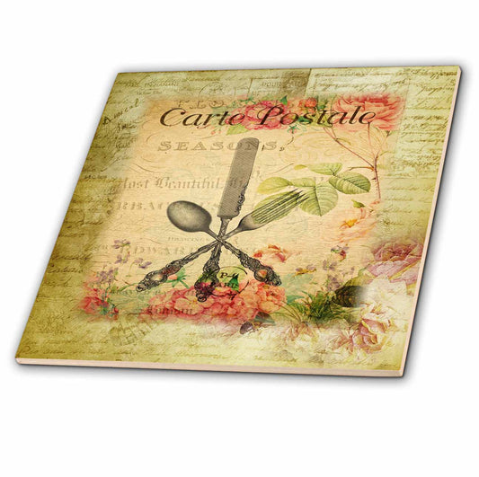 3dRose Image of Vintage French Knife Spoon And Fork On Antique With Floral - Tiles (ct_357320) - Tile - by 3dRose (image 2
