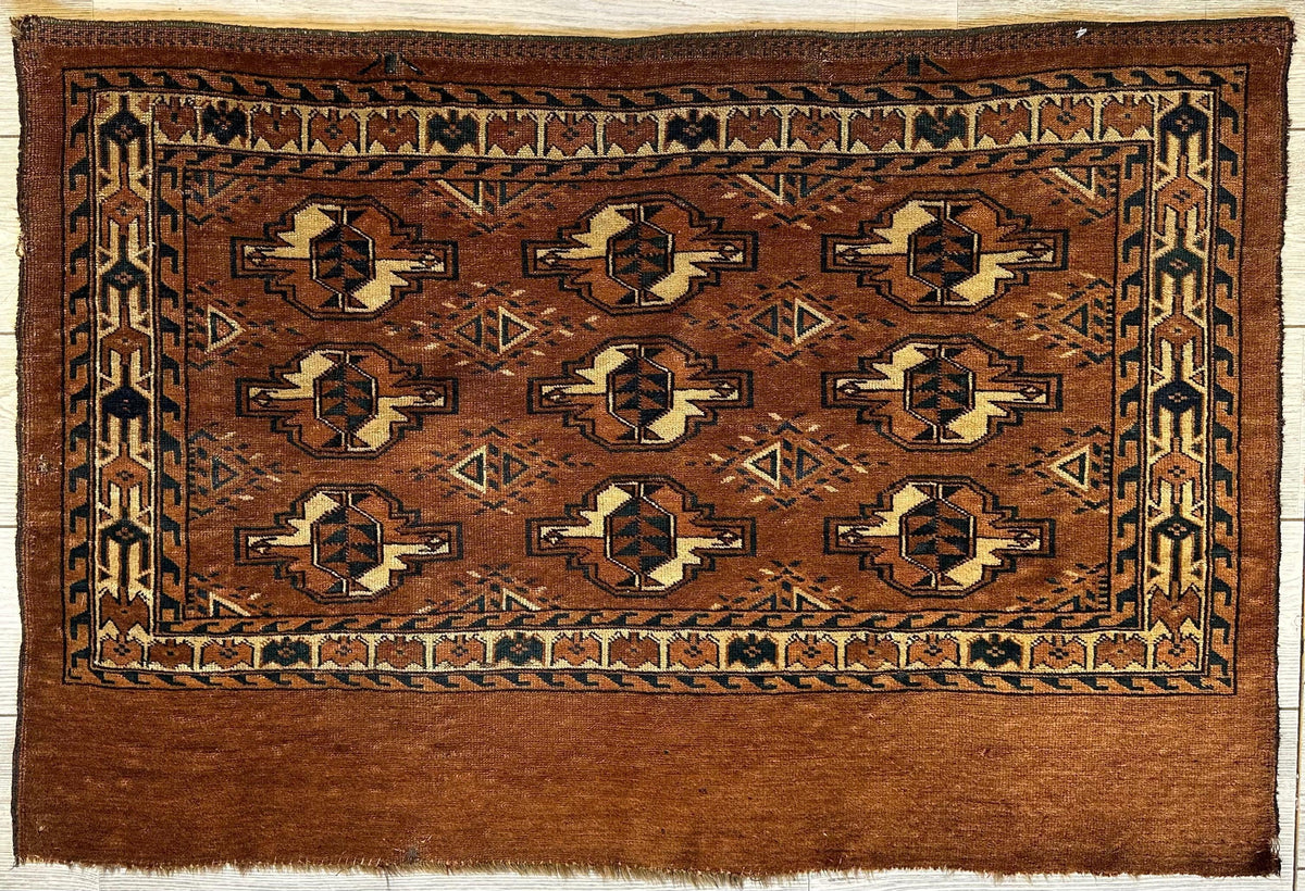 Rugistan Antique Tekke Yomud Yomut Saryk Chuval Rug Bag Face, Turkmen Rug, Turkoman Rug 2’6”x3’9”