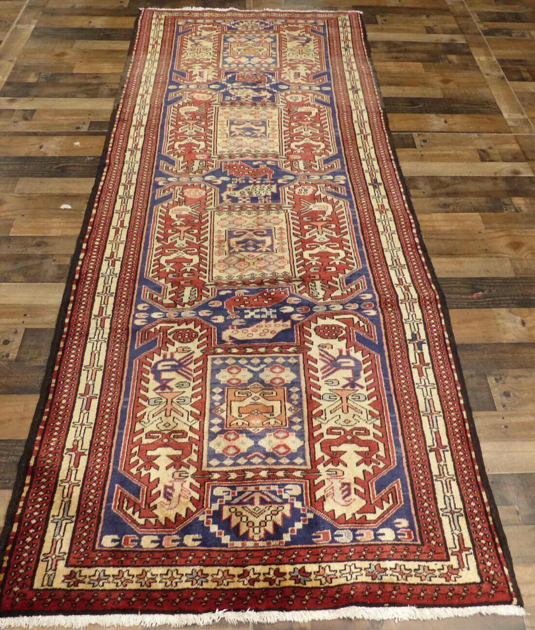 Rugistan Geometric Meshkin Persian Vintage Runner Rug Handmade Wool Carpet - 4'0"x 10'4"