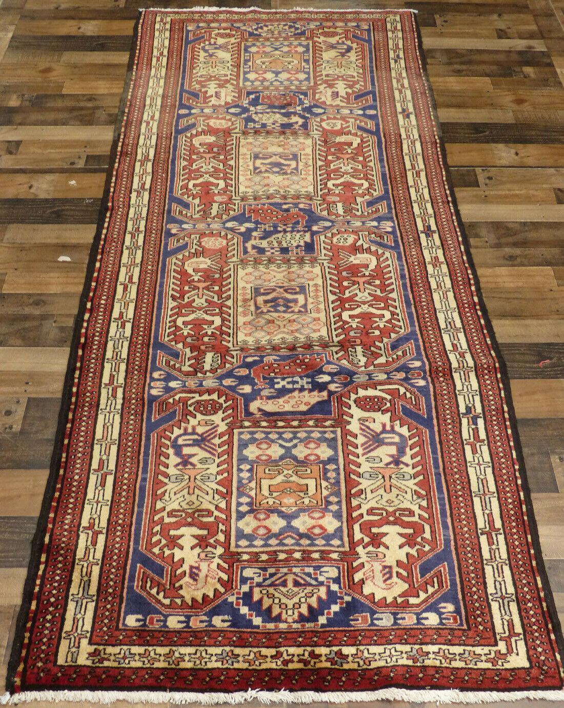 Rugistan Geometric Meshkin Persian Vintage Runner Rug Handmade Wool Carpet - 4'0"x 10'4"