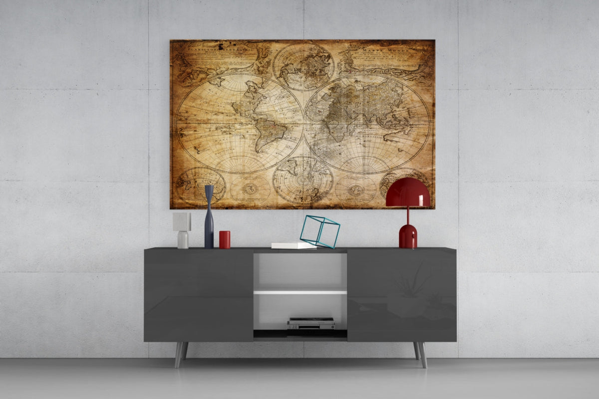 Antique Hemisphere Cartography World Map Glass Wall Art - Wall Decoration - by Insigneart USA (image 8 of 10) | Heavy Bass &