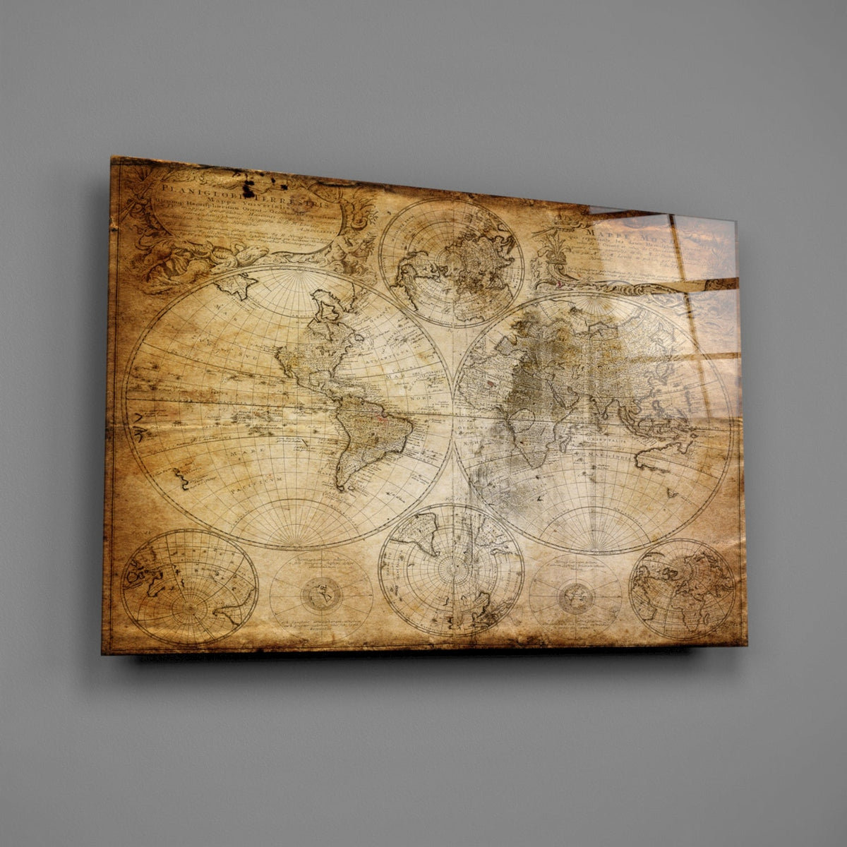 Antique Hemisphere Cartography World Map Glass Wall Art - Wall Decoration - by Insigneart USA (image 2 of 10) | Heavy Bass &