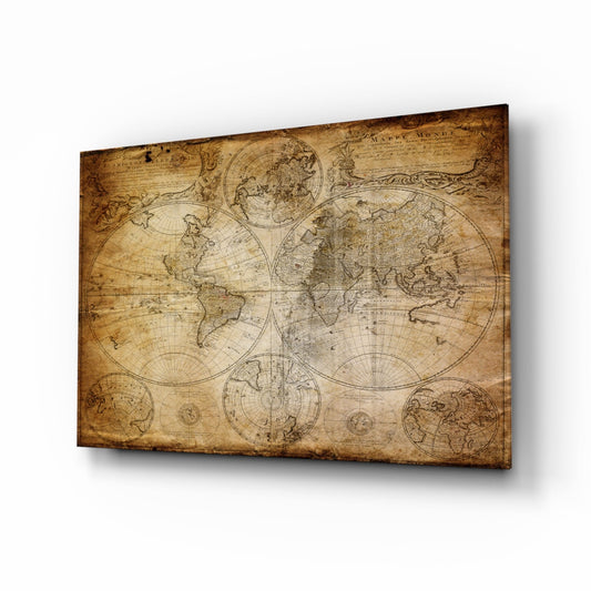 Antique Hemisphere Cartography World Map Glass Wall Art - Wall Decoration - by Insigneart USA (image 1 of 10) | Heavy Bass &