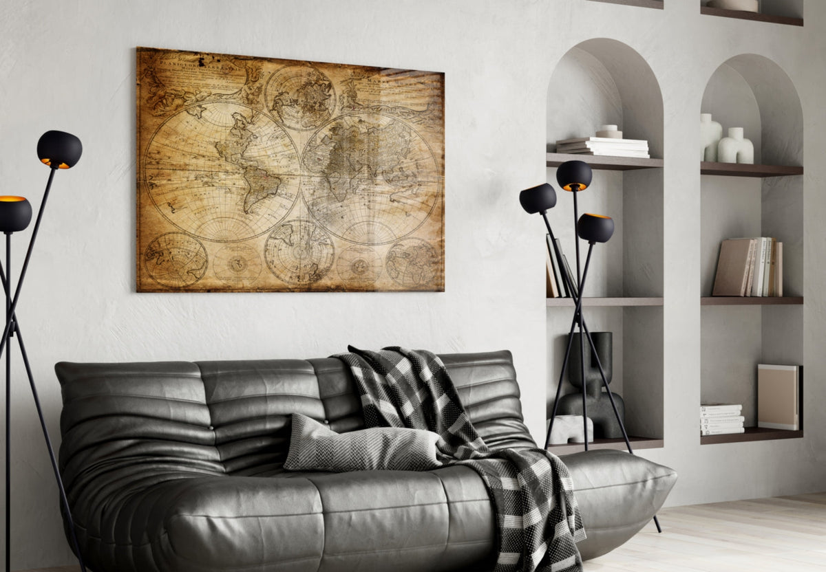 Antique Hemisphere Cartography World Map Glass Wall Art - Wall Decoration - by Insigneart USA (image 4 of 10) | Heavy Bass &