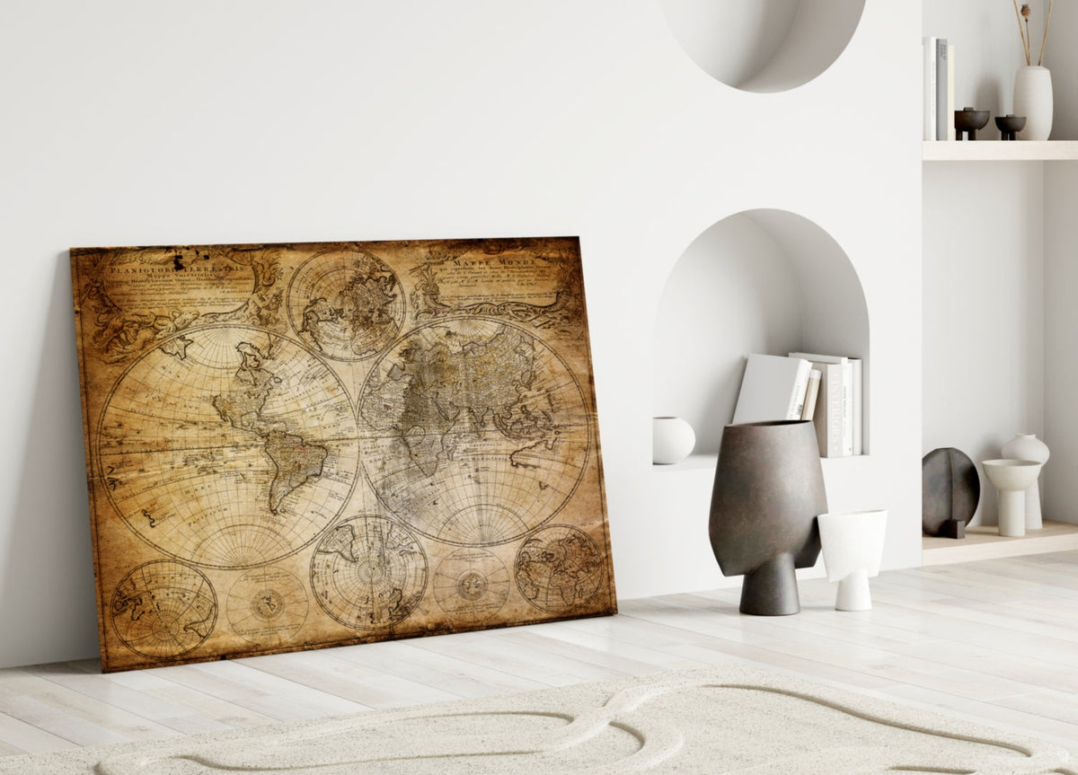 Antique Hemisphere Cartography World Map Glass Wall Art - Wall Decoration - by Insigneart USA (image 3 of 10) | Heavy Bass &