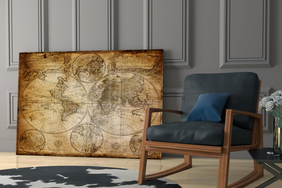 Antique Hemisphere Cartography World Map Glass Wall Art - Wall Decoration - by Insigneart USA (image 6 of 10) | Heavy Bass &